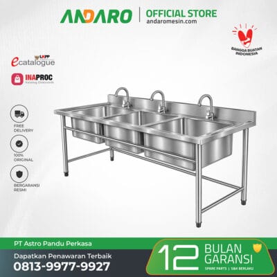 Meja Cuci Stainless Steel 3 Bak | Tripple Sink untuk Program MBG